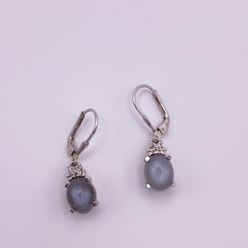 Sterling Silver Gray Cat's Eye Drop Earrings with CZ Accents